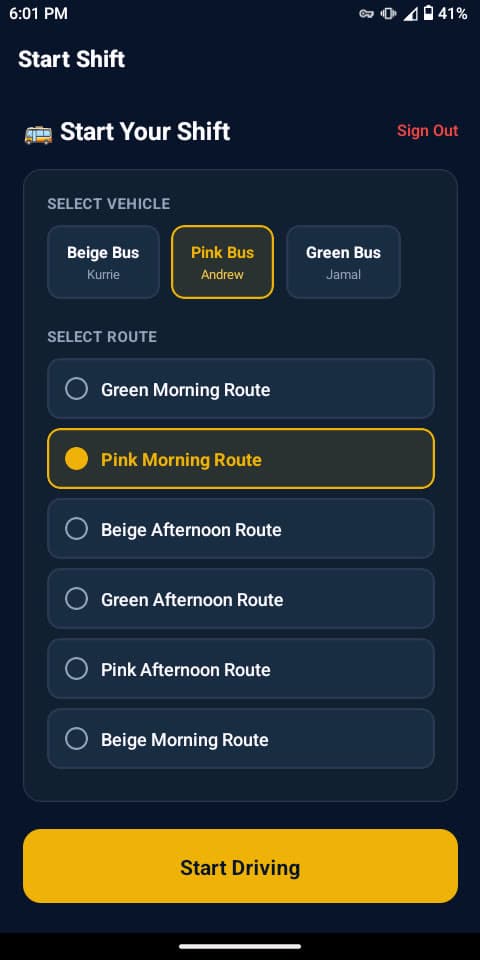 Start shift screen in the EtaTrack driver app